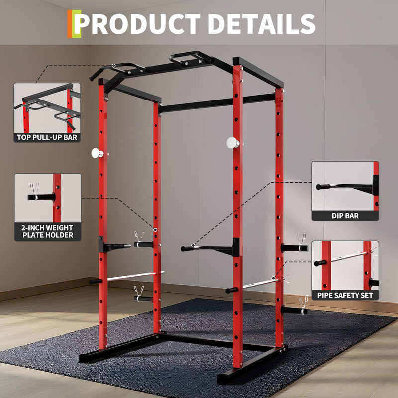 Support à squat Power Cage - capacité de 1 100 lb, barres de traction et penderie, barres de sécurité réglables pour la gymnastique à domicile