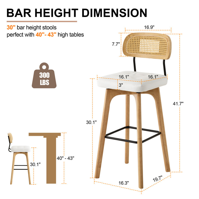 Tabouret tournant Ikhlas, Siège blanc / cadre naturel, 3, Tabouret de bar (siège d'une hauteur de 30 po)