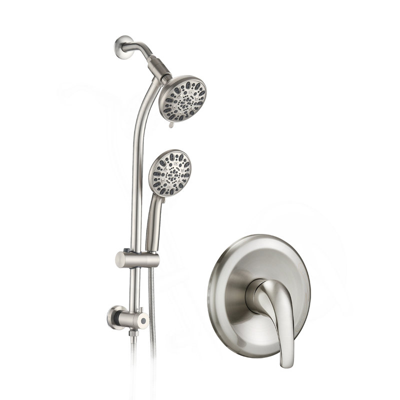 Drill-Free Stainless Steel Slide Bar Combo Rain Showerhead 7-Setting Hand, Dual Shower Head Spa System (Rough-In Valve Included)
