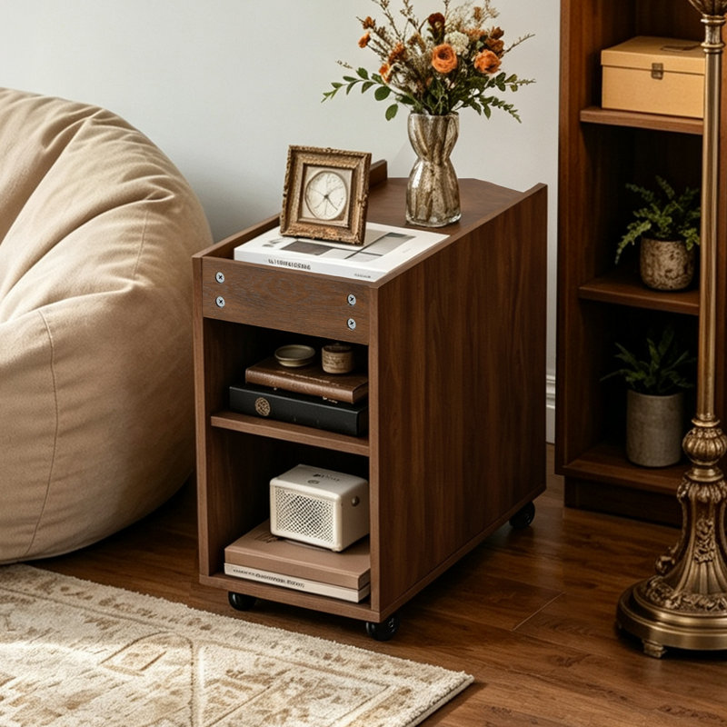 Modern Fluted Nightstand with Double Doors and Open Shelf, Rolling Wood End Table, Walnut Brown