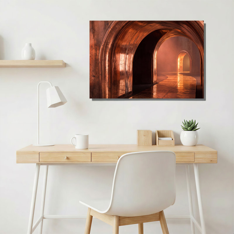 Toile incurvée avec arches de cuivre dans une atmosphère orange brumeuse, 36"H x 48"W