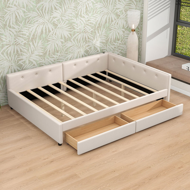 Lit de jour rembourré Zharia avec USB et tiroirs de rangement, Grand lit