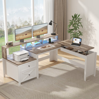 Farmhouse L-Shaped Computer Desk with Power Outlet & LED Lights 65" Rising Office Desk Adjustable Height for Printer Shelf, Brown White