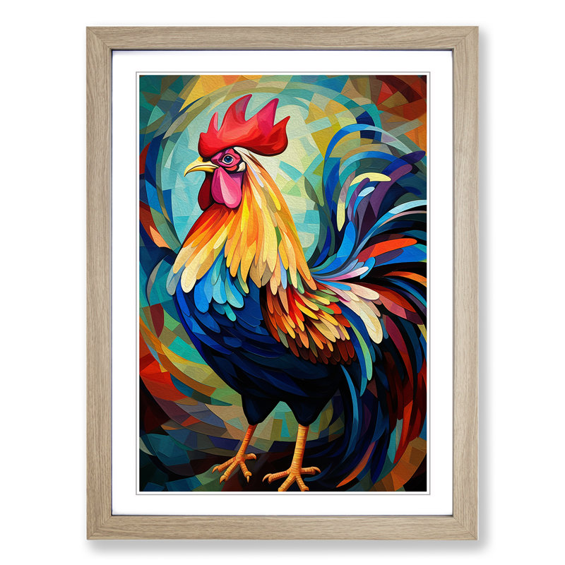 Rooster Orphism - Single Picture Frame Print on Wood, Oak, 64cm H x 46cm W x 2cm D