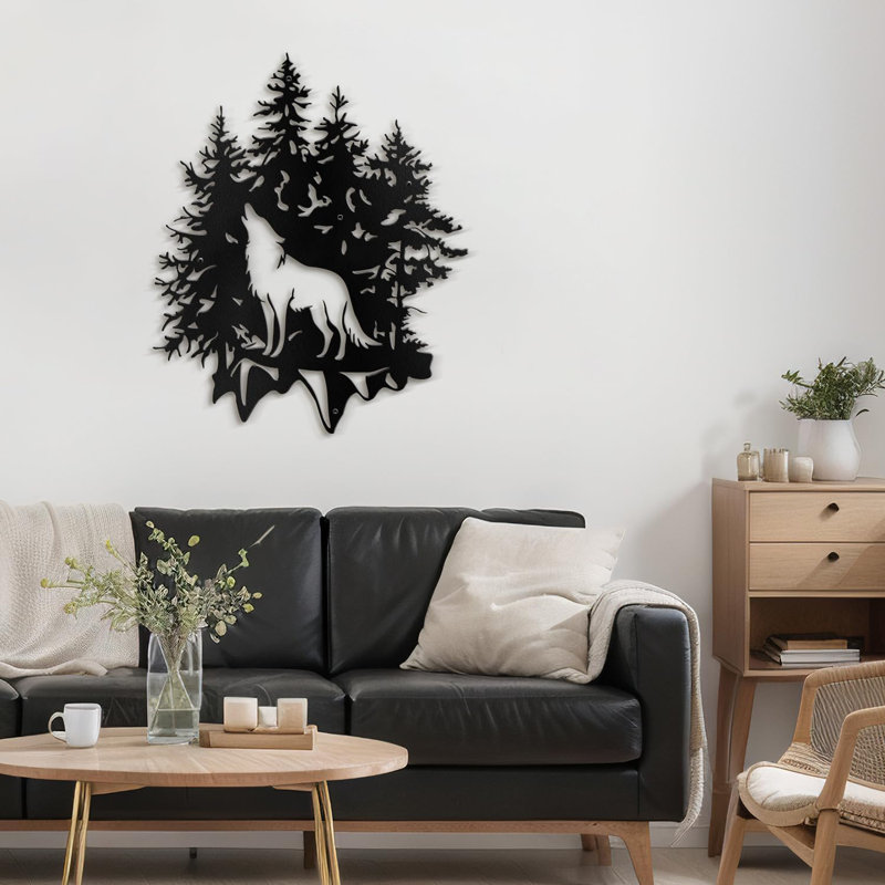 Décoration murale en métal loup et pin, décoration murale abstraite moderne minimaliste, H 36 po x l 36 po x P 0,05 po, Noir