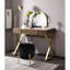 Bureau de coiffeuse en noyer et or avec 2 tiroirs de rangement, plateau à bijoux, cadre en métal, miroir et miroir à structure rectangulaire