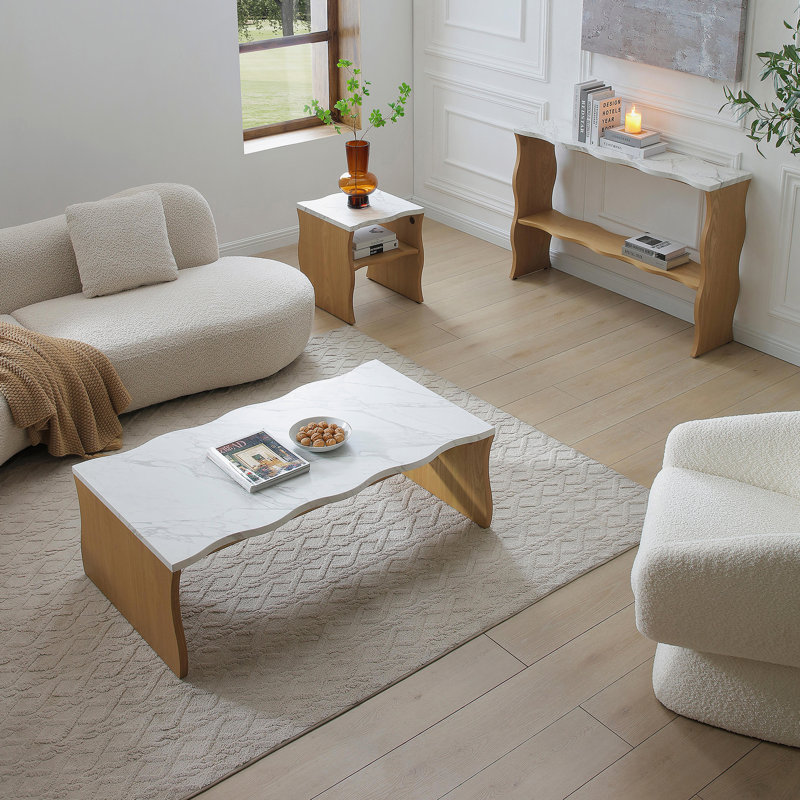Table basse moderne avec plateau en faux marbre, table d'appoint, table de cocktail pour le bureau du salon, Natural Wood