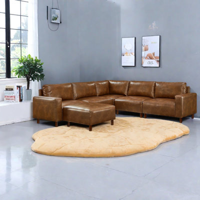 Canapé d'angle modulaire 5 places, revêtement en similicuir brun, structure en bois, style moderne