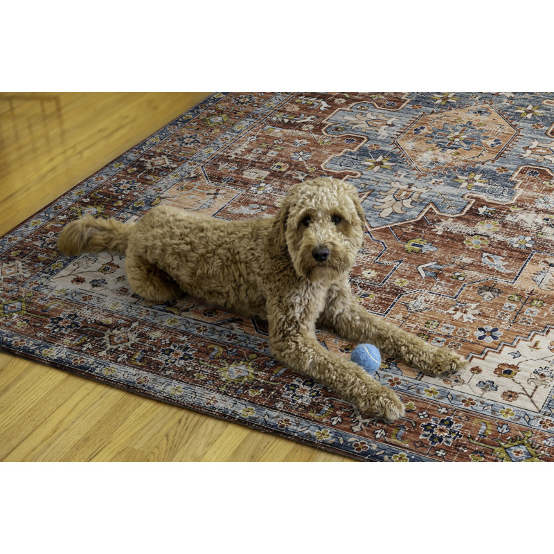 Jakobson Machine Washable Rust and Ivory Area Rug, Rectangle 5' x 7'