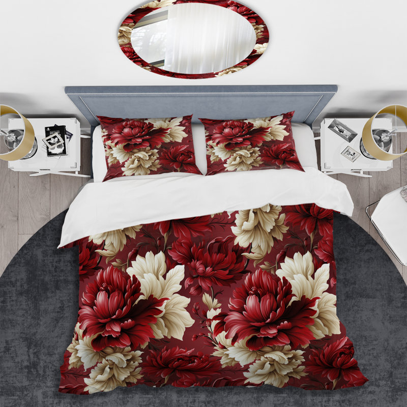 Red Regal Damask Opulence - Ensemble de housse de couette à motif floral, Housse de couette pour très grand lit et 2 très
