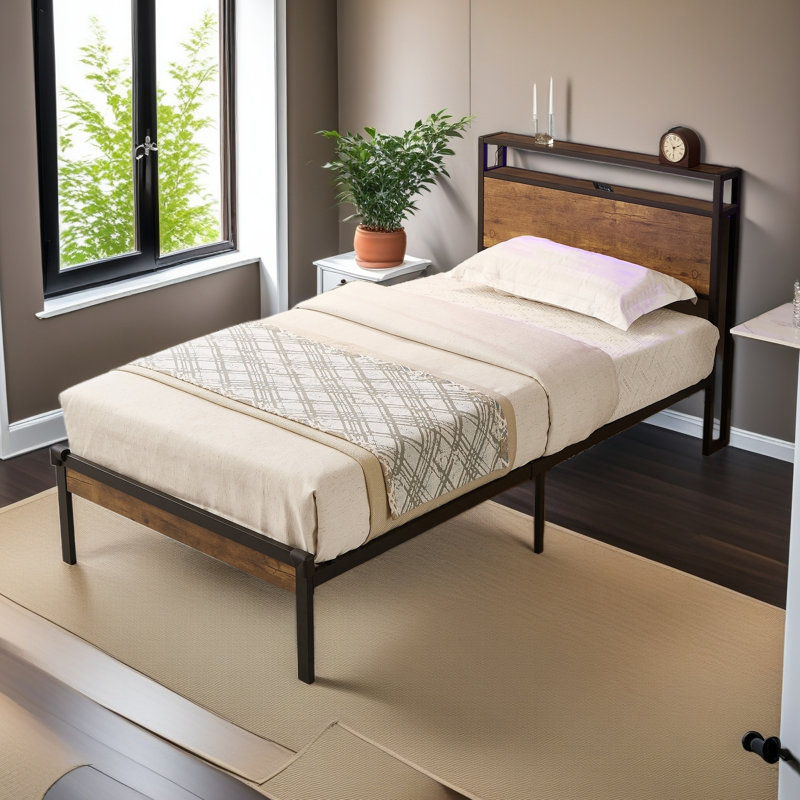 Hubele Metal Platform Bed with USB LINER and LED Lights, Twin
