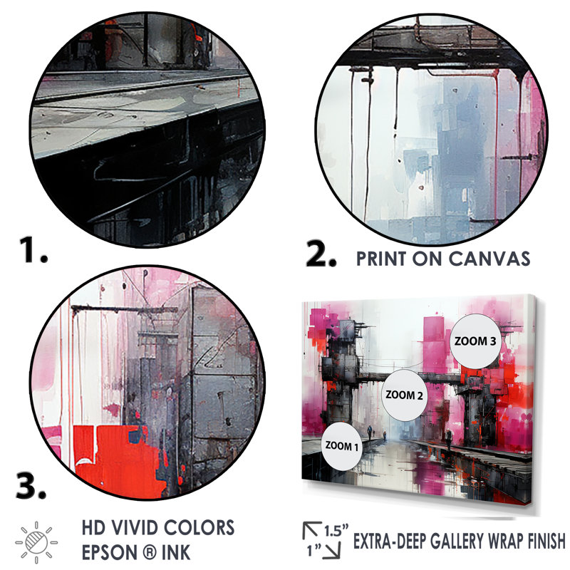 «Magenta Factory Machines I», reproduction sur toile, Cadre doré simple, H 30 po x l 40 po x P 1,5 po