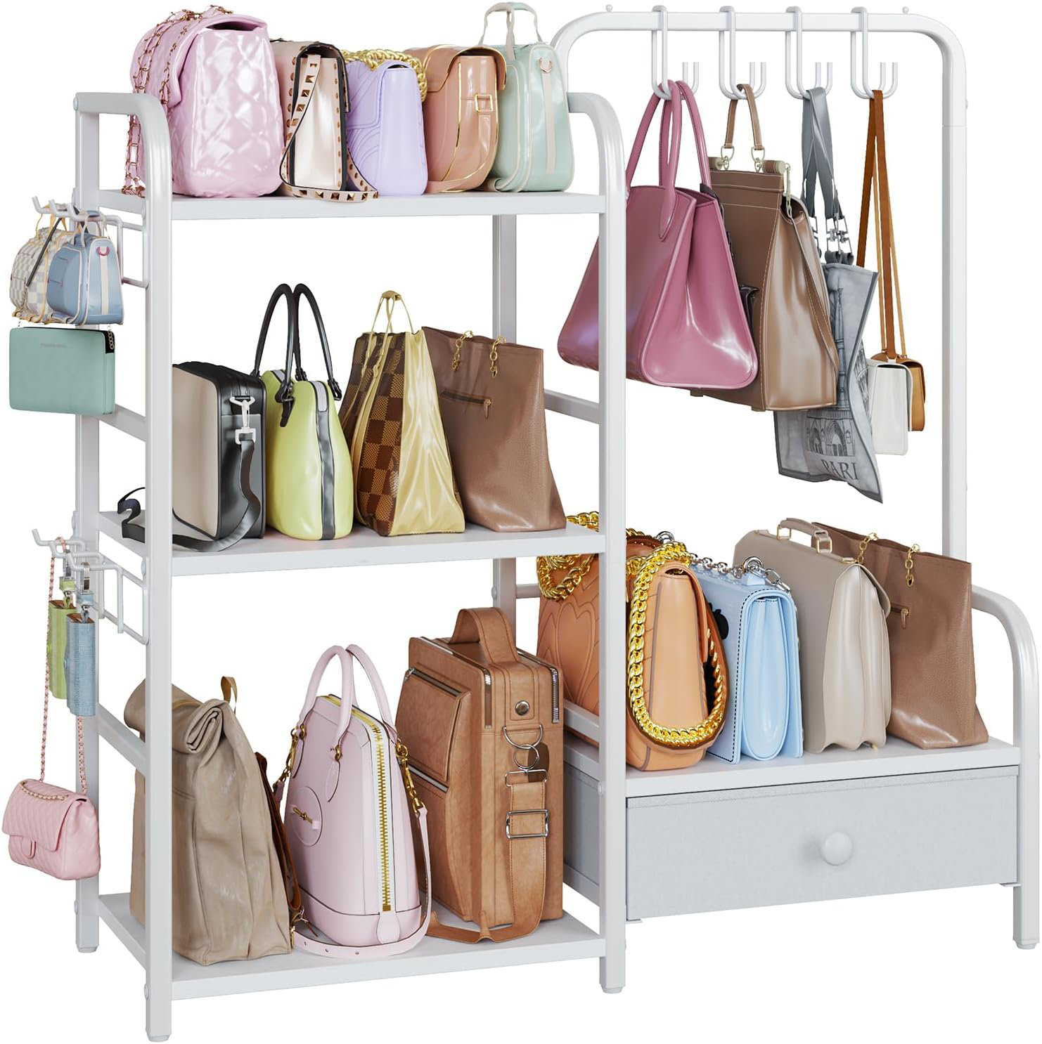 Bag Storage Racking Hokku Designs Floor-Standing 3 Tier Handbag Storage Rack With Drawer ...