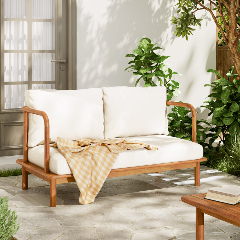 Tuscara Patio Acacia Wood Loveseat with Water-Repellent Cushions