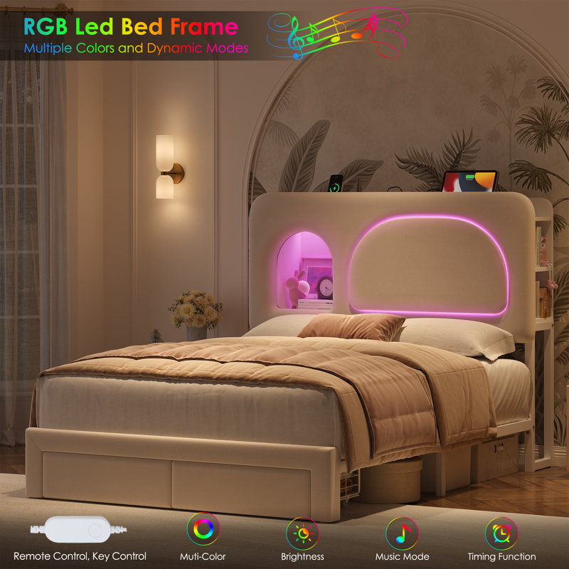 Velvet Upholstered  Bed with LED Lights & Storage Options, Full / Double