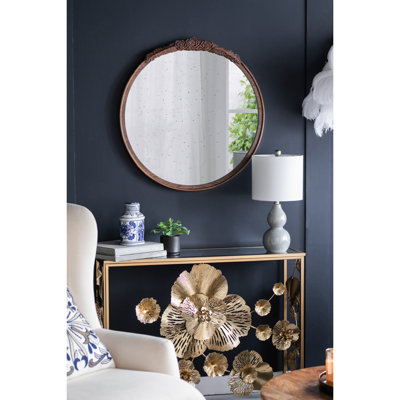 Brown Round Antique Mirror With Fine Rose Carvings For Bathroom & Entryway Wall Decoration  Brown Intricate Ornaments Bathroom, Home