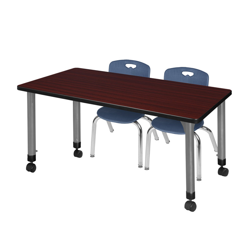 Table de classe réglable Kee Mobile, 2 chaises empilables et base Andy, Bleu, Acajou, H 34 po x l 48 po x P 24 po