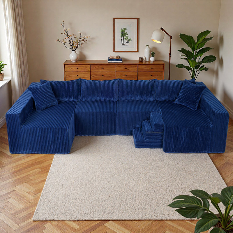 Canapé modulaire en forme de U Boneless, Velours côtelé bleu, Oui