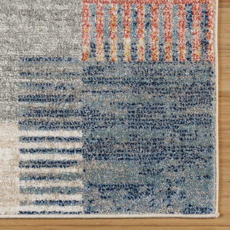 Winsor Julien Modern Patchwork Blue/Ivory/Orange Area Rug, Rectangle 7'10" x 10'