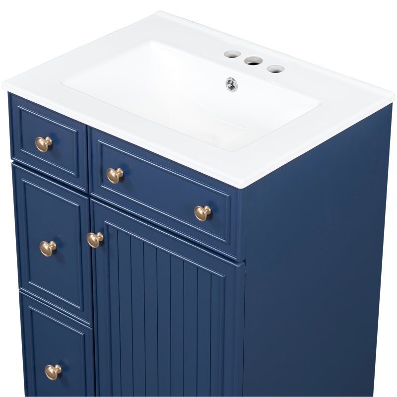 Blue Bathroom Vanity - Practical Function, Easy Maintenance Sink With Ceramic 24" , Stylish Look, Blue / Gold