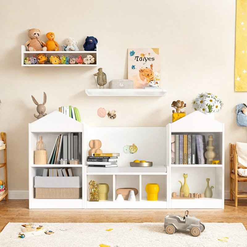 White Wooden Kids Bookshelf with Reading Nook and Storage Cubbies
