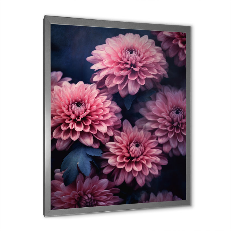 «Pink Grey Mums Spendor», reproduction sur toile, H 40 po x l 30 po x P 1,5 po, Cadre simple argenté