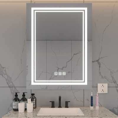 Miroir lumineux de salle de bain lumineux de 32 po x 24 po, 5 minutes, 3 couleurs réglables, réfléchissant sur toute la hauteur du miroir, désembuage mural de type Mins, option de gradation, réflexion, style
