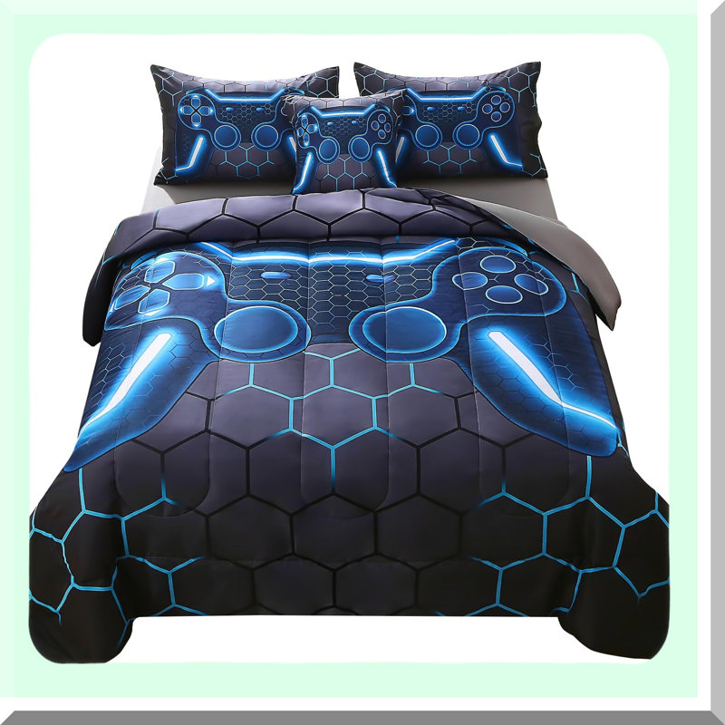 Ultimate Gamer Comforter Set - 6 Piece Bed in A Bag 3D Video Game Bedding with Blue Game Controller Design. All Season Down Alternative for Maximum Comfort.