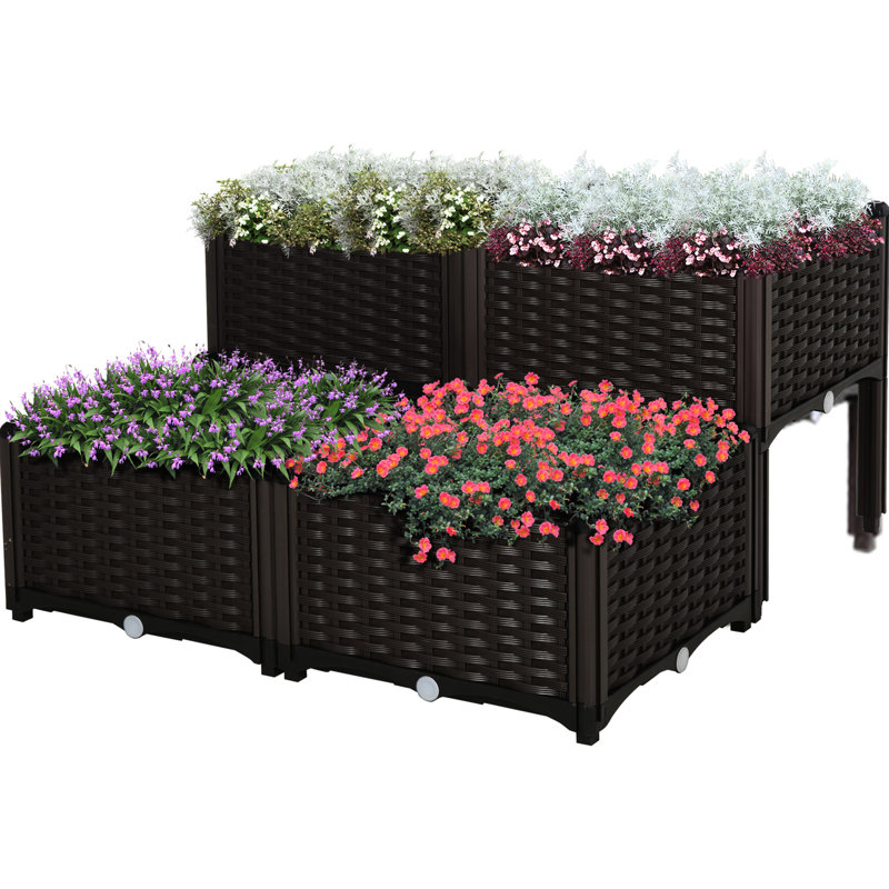 4 Piece Raised Planter Box With Legs, Self-Watering For Herbs, Veggies, Flowers, Brown Brilliance Plastic Garden Bed Fascinate
