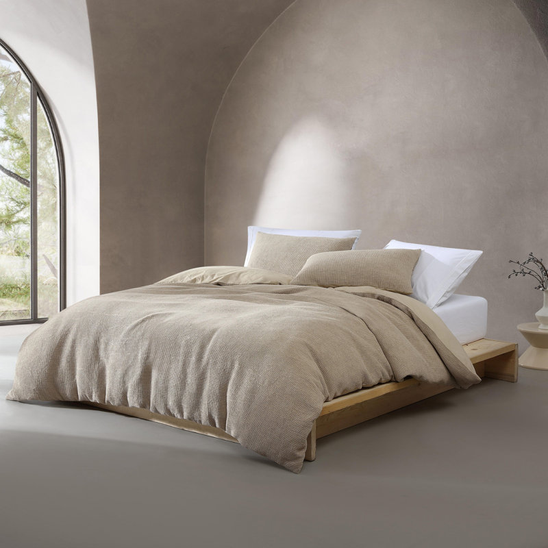 Calvin Klein Microwaffle Solid Reversible 3 Piece Duvet Cover Set, Beige, Queen Duvet Cover + 2 Standard Shams