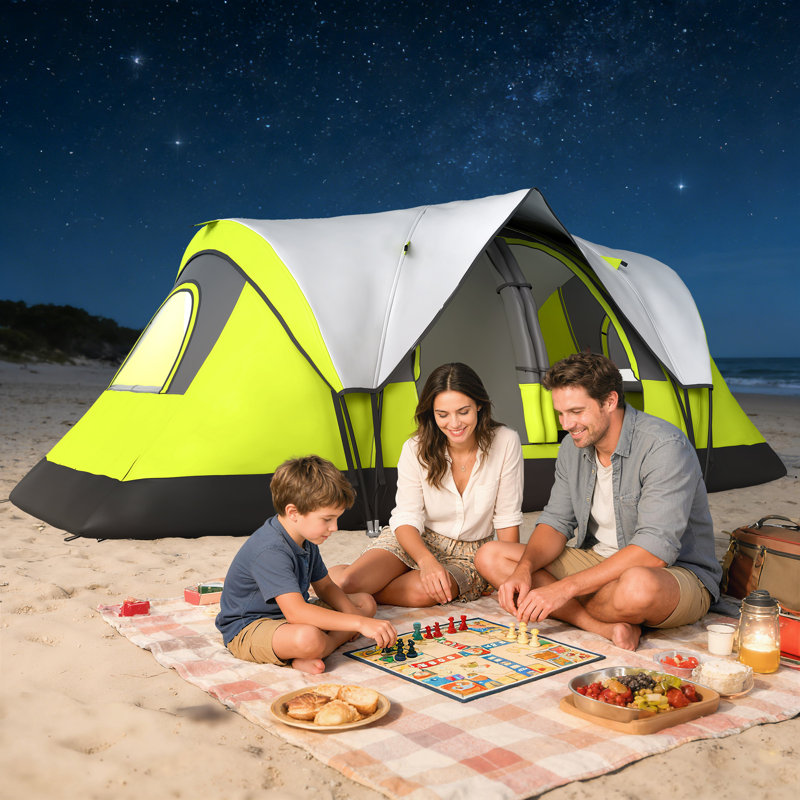 Tente de camping, tente pour 6 à 8 personnes avec 2 chambres, vert, Vert