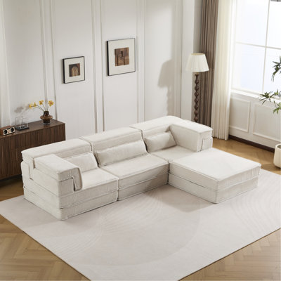 Canapé à compression Mahjong, canapé-lit convertible au sol, canapé modulaire modulaire désossé DIY, aucun assemblage requis, tissu polaire circulaire, surdimensionné à 4 places avec 3 coussins, blanc