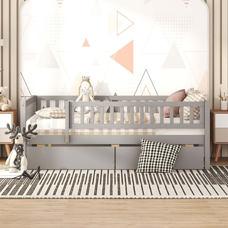 Kids Daybed Wood Bed with Two Drawers, Gray, Full