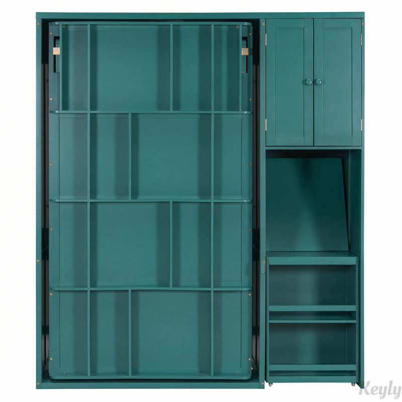 Lit escamotable mural rotatif avec bibliothèque, armoire supérieure et bureau extensible, Bleu sarcelle