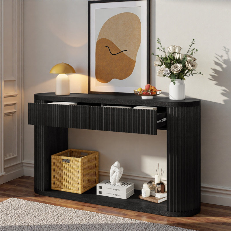 Console ovale cannelée avec 2 tiroirs et tablette inférieure, Black