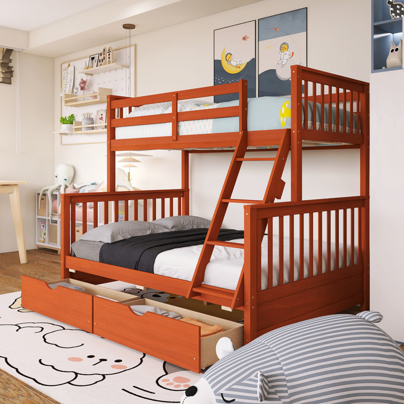 Lit superposé simple sur double avec structure en bois avec échelles et deux tiroirs de rangement, Noyer