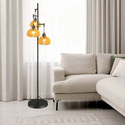Modern Floor Lamp For Living Room, Mid Century Standing Tree Lamps With Wood Shade, Dimmable 3 Lights Tall Lamp
