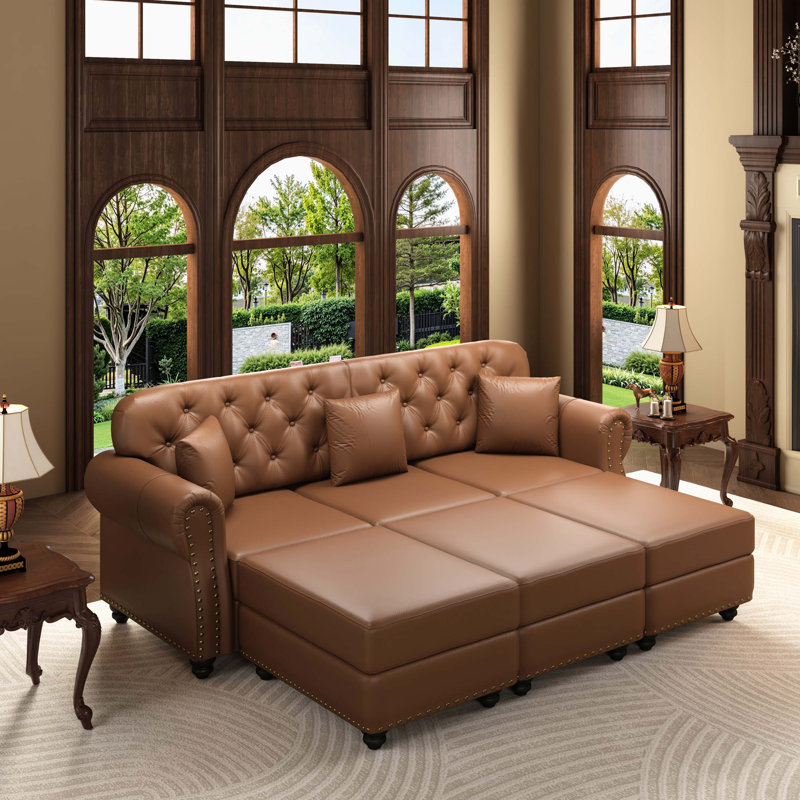 Canapé Chesterfield 82,6 po Mid-Century, Similicuir brun
