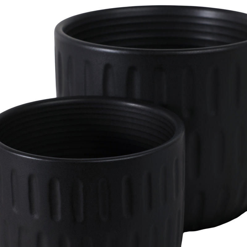 Modern Textured Ceramic Planter with Saucer, Bubble Black, 2