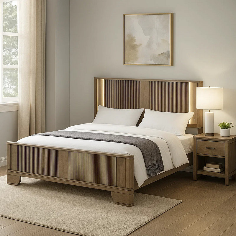 Grand lit Leky, tête de lit à DEL, motifs cannelés, bois de chêne brun antique, Grand