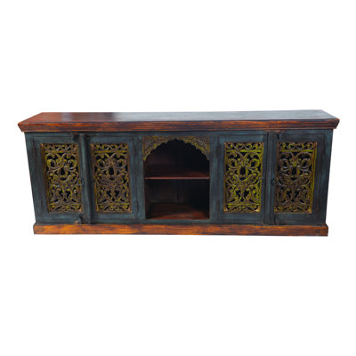 91" Brown Gray and Green Solid Wood Buffet Table with Two Doors