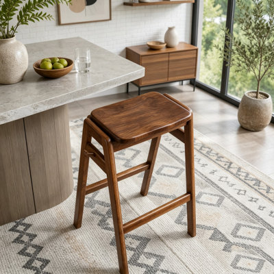 2-Piece Mid-Century Wood Stackable Bar Stool Set with Walnut Finish