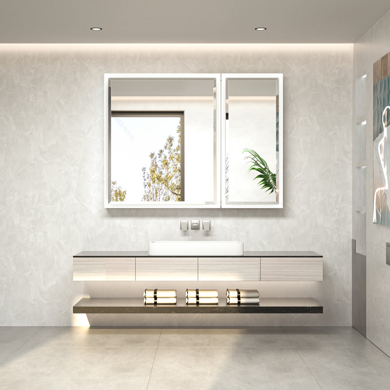 Lunara Recessed & Surface Framed 2 Door Medicine Cabinet with Mirror and Shelves, 30" H x 40" W x 5.2" D, White