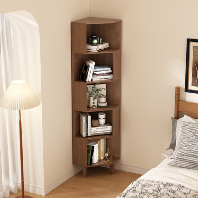 5-Tier Corner Bookcase Bamboo Bookshelf Freestanding Display Shelf Tall Storage Cabinet