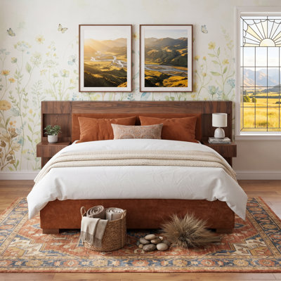 King Linen Upholstered Platform Bed with Built-in Nightstands & 2 Large Storage Drawers &  Wood Grain Storage Headboard, No Box Spring Needed, Ocher