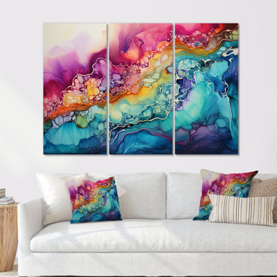 Rainbow Teal And Purple Alchohol Ink I - Abstract Shapes Canvas Art Set