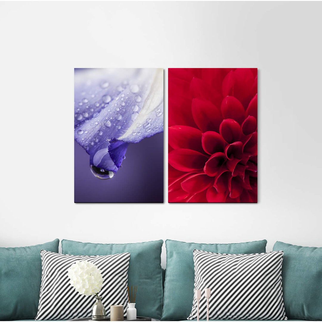 2-tlg. Leinwandbilder-Set - Grafikdruck „Dahlia Water Drops Flowers Blossom Red Violet”