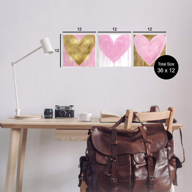 Glam Paint Drip Hearts Design Pink Gold Shapes par Lindsay Rodgers - ensemble de 3 impressions