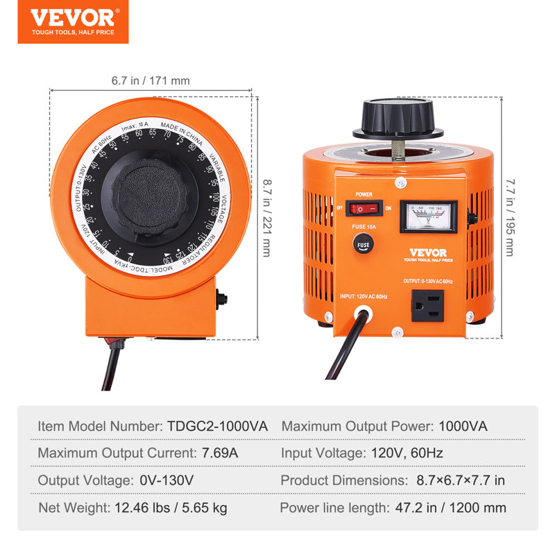 VEVOR 1000VA Auto Variable Voltage Transformer, 15.3 Amp, 110V Input 0-130V Output AC Voltag