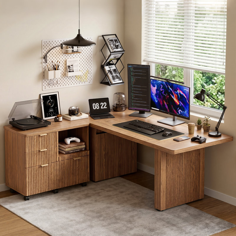 Bureau d'ordinateur en L Aayat avec classeur mobile, bureau à cannelures moderne avec 3 tiroirs et rangement ouvert, poste de travail réversible en coin